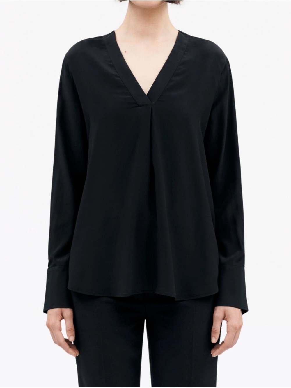 Italian-made Sheer V-Neck Long-Sleeve Black Blouse